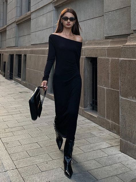 Off Shoulder Ribbed Long Sleeve Knit Long Dress Long Dress Knee High Boots, Long Black Knitted Dress Outfit, Maxi Knit Dress Outfit, Elegant Knit Dress, Knit Dress Aesthetic, Knit Long Dress, Long Knitted Dress, Black Knit Dress, Off Shoulder Fashion