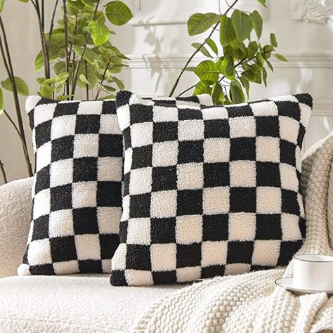 Amazon.com: WACOMECO Decorative Throw Pillow Covers - Soft Sherpa Checkerboard Cushion Covers Faux Fur Pillow Cases for Sofa Bedroom Livingroom Car, 18 x 18 in, Black and Off White : Home & Kitchen Gold Pillow Covers, Buffalo Plaid Pillows, Plaid Pillow Covers, Plaid Throw Pillows, Couch Pillow Covers, Faux Fur Pillow, Fur Pillow, Wool Throw Pillows, Kids Bedrooms