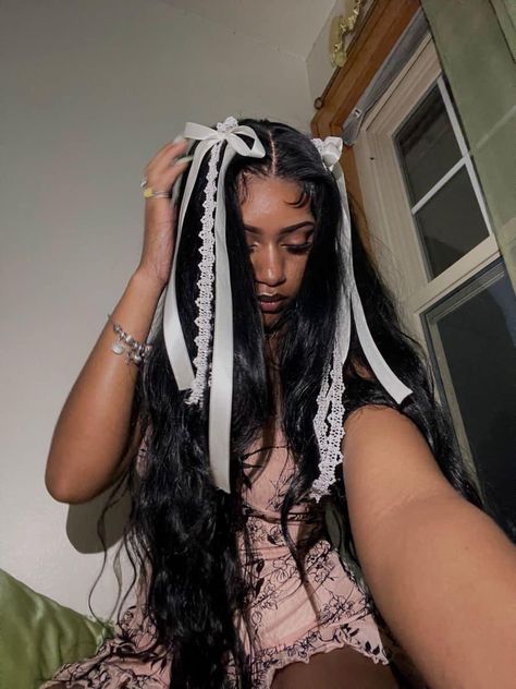 Ribbons In Braids Black, Coquette Braids, Black Ribbon In Hair Aesthetic, Braids With Ribbons In Them Black Hair, Coquette Black Hairstyles, Coquette Afro Hairstyles, Black Ballerina, Pictures Of People, Braids For Black Hair