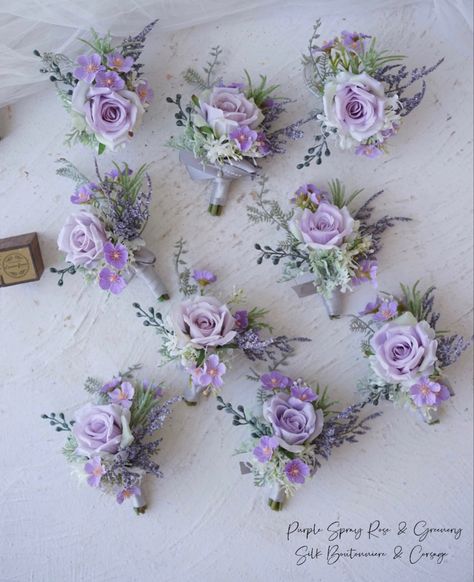 Family Boutonniere Wedding, Lilac Purple Corsage, Lilac Wedding Favors, Purple Flower Arrangements Wedding, Lilac Buttonholes, Church Floral Arrangements, Lilac Boutonniere, Lilac Flower Bouquet, Shades Of Purple Wedding