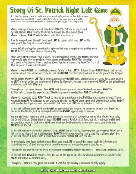 St Patricks Day Party Ideas and Games St Patrick Story For Kids, Story Of St Patrick, Right Left Game, Left Right Game, St Patricks Crafts, St Patricks Day Crafts For Kids, March Activities, St Patrick Day Activities, Senior Activities