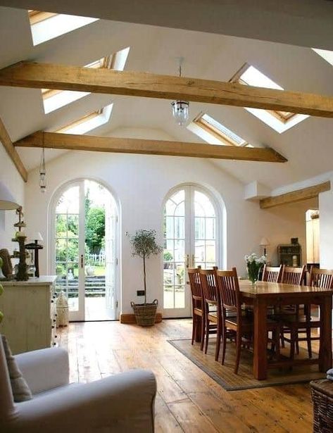 vaulted ceiling with wood beams Room Skylight, Arched Entryway, Vaulted Ceiling Beams, Vaulted Ceiling Ideas, Vaulted Ceiling Lighting, Vaulted Ceiling Living Room, Daydream Believer, Types Of Ceilings, Cottage Renovation