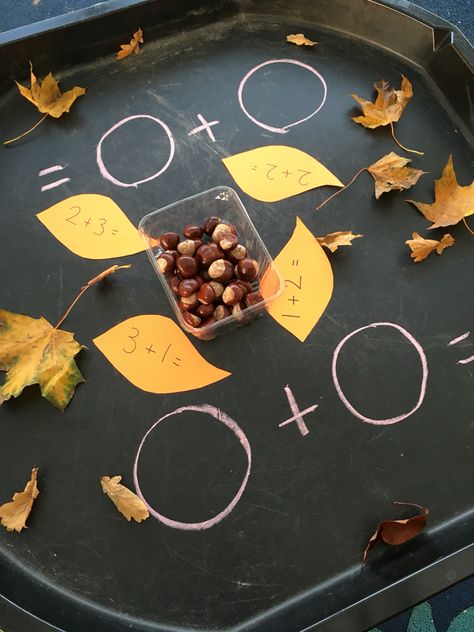 Autumn maths station - addition using conkers. #eyfs #maths #autumn Outdoor Addition Activities, Adding Activities Eyfs, More Than Fewer Than Activities Eyfs, Halloween Tuff Spot Ideas, Seasons Continuous Provision, Autumn Maths Activities, Autumn Maths Eyfs, Eyfs Autumn, Autumn Eyfs Activities