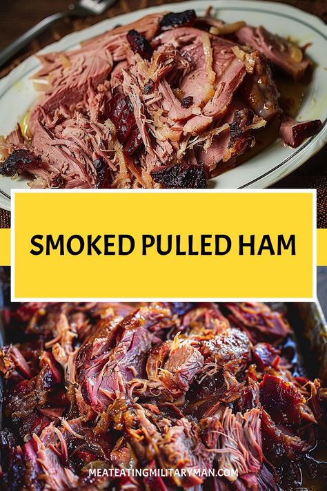 How to Make Smoked Pulled Ham Smoked Holiday Ham, Pulled Smoked Ham Recipes, Ham On The Smoker Recipe, Bourbon Smoked Ham, Christmas Smoked Ham, Smoked Pork Shoulder Roast Recipes, Smoked Ham Pellet Grill, Smoked Meat For A Crowd, Bone In Smoked Ham Recipes