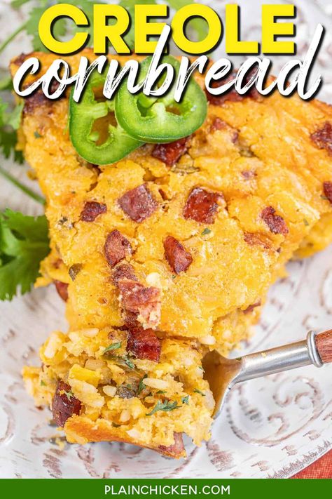 Creole Cornbread, Cajun Cornbread, Sausage Cornbread Stuffing, Cornbread Casserole, Dirty Rice, Homemade Cornbread, Cornbread Recipe, Plain Chicken, Corn Cakes