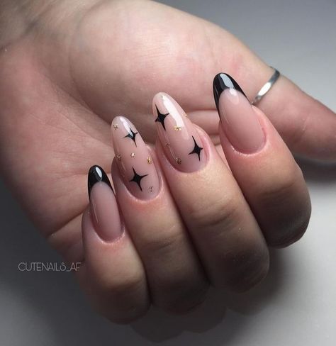 Black French Tips Nails Almond, Black Star Nails, Nails With Flowers, Grass Pattern, Formal Nails, Spring Nail Designs, Gel Nail Tips, Nails Tips, Grunge Nails