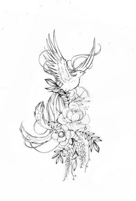 Phoenix And Flower Tattoo Feminine, Pheonix Tattoo For Women On Back, Phoenix Tattoo Feminine Thigh, Phoenix With Flowers Tattoo, Phoenix Flower Tattoo, Phoenix Hip Tattoo, Phoenix And Flower Tattoo, Thigh Piece Tattoos, Belle Tattoo