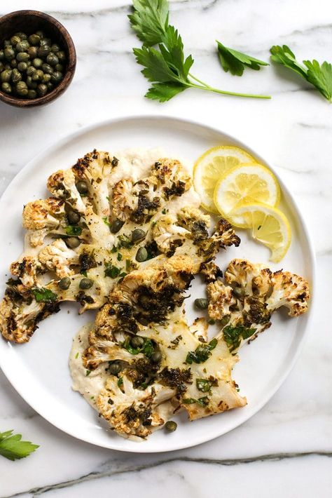 Roasted Lemon Caper Cauliflower Steaks with Creamy Horseradish Sauce Creamy Horseradish, Creamy Horseradish Sauce, Capers Recipe, Vegetables Rice, Lemon Caper Sauce, Sweet Potato Toast, Gluten Free Noodles, Horseradish Sauce, Cauliflower Steaks