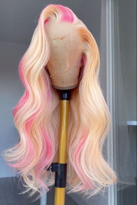 Pink Wig With Blonde Highlights, Blonde And Pink Lace Front Wig, Summer Wig Colors, Pink And Blonde Wig, Blonde And Pink Wig, Wig With Pink Highlights, Pink And Blonde Hair, Blonde Pink, Frontal Wig Hairstyles