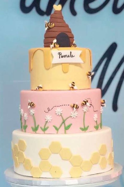 Daisy And Bee Birthday, Bee Cake For 1st Birthday, Bumblebee Birthday Cake, Bumble Bee Birthday Cake, First Birthday Bee Theme Cake, Honey Bee Birthday Cake Ideas, Bee Themed Cake, Bee Cake, Pink Bee Cake