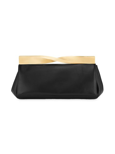 "Find AQUAZZURA Twist Satin Clutch on Editorialist. Topped with a twisted metal handle, Aquazzura's Twist clutch features radiant satin construction with a petite silhouette. Top handle Magnetic snap flap closure Inside zip pocket Viscose Made in Italy SIZE 8.25\"W x 6\"H x 2.25\"D. Aquazzura. Color: Black Light Gold." Petite Silhouette, Satin Clutch, Twisted Metal, Clutch Black, Designer Clutch, Black Clutch, Clutch Pouch, Sports Gifts, Summer Ready