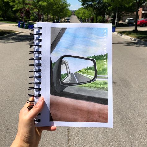 Gouache, gouache painting, sketchbook, sketchbook painting, road trip, car, nature Mirror Painting Aesthetic, Car Nature, Gouache Landscape, Side View Drawing, Mirror Drawings, Road Painting, Doodle Art Flowers, Flower Canvas Art, Doodle Art Drawing