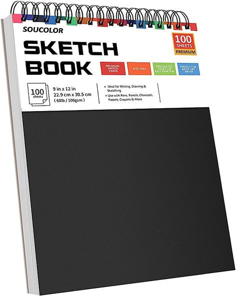 Soucolor 9" x 12" Sketch Book, 1-Pack 100 Sheets Spiral Bound Art Sketchbook, Acid Free (68lb/100gsm) Artist Drawing Book Paper Painting Sketching Pad Pastel Crayons, Creative Books, Book Paper, Sketch Paper, Drawing Book, Drawing Pad, Sketch Pad, Book Drawing, Paper Painting