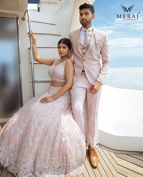 Pink Lehenga Matching Groom Dress, Groom Engagement Suit, Pink Lehenga And Groom Suit, Peach Blazer Outfit Men, Lehenga And Suit Couple, Peach Color Suit Men, Peach Groom Suit, Reception Groom Suit, Indian Reception Outfit Groom