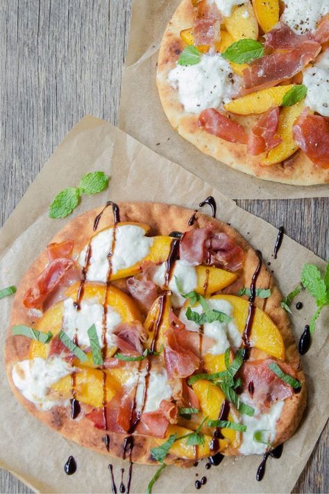 Ham Flatbread, Peach Flatbread, Burrata Flatbread, Pizza Burrata, Ninja Airfryer, Peach Prosciutto, Peach Pizza, Burrata Pizza, Caramelized Peaches