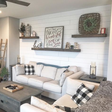 Decor On Shiplap Wall, Decorated Shiplap Walls, Living Rooms With Shiplap, Large Living Room Pictures, Wall Decor On Shiplap Walls, Large Wall Behind Bed Decor, Farmhouse Behind Couch Wall Decor, Shelves On Living Room Wall, How To Decorate A Shiplap Wall