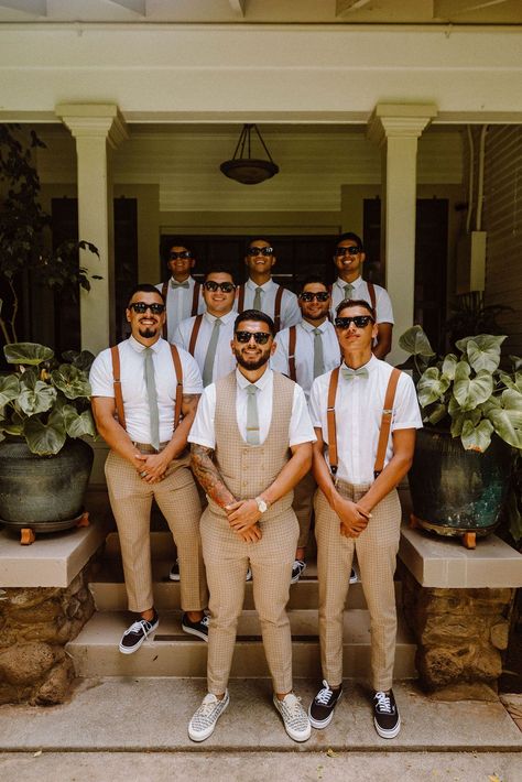 Groomsmen Attire Short Sleeve, Groom Short Sleeve Attire, Short Sleeve Mens Wedding Attire, Groomsmen In Vans, Groom Second Outfit, Hot Weather Groom Attire, Groomsmen Outfits Summer, Wildflower Groomsmen Attire, Floral Groomsmen Attire