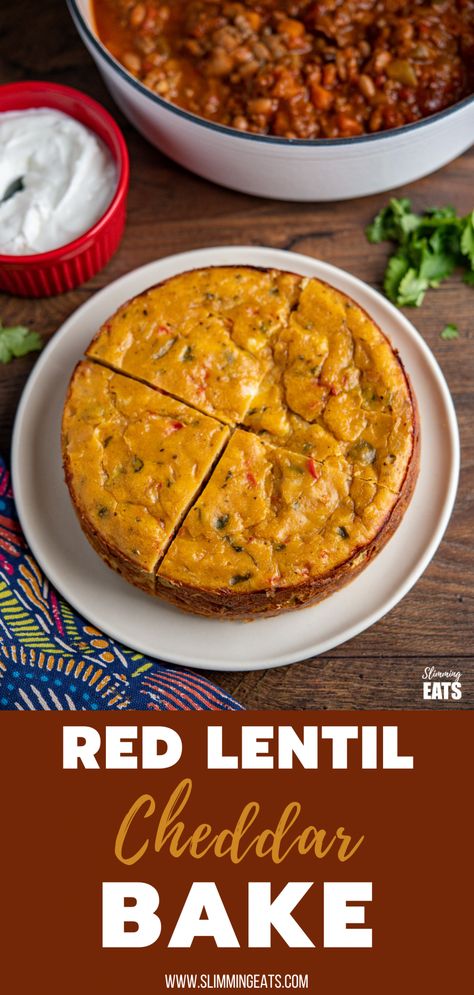 Lentil Cheddar Bake - a cheesy lentil bake with peppers that is great as it is with a salad or as a side to soup or chilli. Gluten Free, Vegetarian, Slimming World and Weight Watchers friendly Lentil Side Dish, Lentil Bake, Lentil Recipes Easy, Cooking Red Lentils, Lentil Dishes, Healthy Plant Based Recipes, Chilli Recipes, Veg Dishes, Lentil Recipes