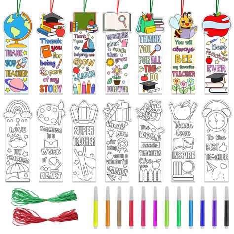 PRICES MAY VARY. 【DIY Bookmark Set】You will get 70pcs teacher appreciation bookmarks for coloring, including 14 unique styles, each style has 5pcs. And come with 12 colored pens and 2 rolls of ribbon in red and green (need to cut it yourself). This package offers an ample quantity and diverse styles, perfect for kids to engage in creative DIY activities 【Premium Material】Our thank you teacher DIY page markers are made from durable and sturdy 300GSM coated paper, not easy to fade or deform, and e Personalized Bookmarks For Students, Teacher Appreciation Bookmark, Teacher Diy, School Bookmarks, Coloring Paper, Home Reading, Diy Bookmark, Diy Projects Gifts, Appreciation Printable