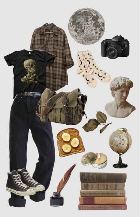 Mosswalker Aesthetic, Grunge X Academia, Nature Grunge Aesthetic Outfit, Grunge X Dark Academia, Cryptid Hunter Aesthetic Outfit, Dark Academia X Grunge, Cryptid Academia Outfits, Dark Academia Grunge Outfit, Grunge Dungarees