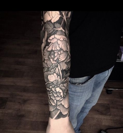 Floral Arm Tattoo Men, Half Calf Tattoo, Men’s Floral Sleeve Tattoo, Flower Sleeve Tattoo Men, Flower Tattoo Sleeve Men, Men Flower Tattoo, Gothic Tattoos, Blackout Tattoo, Full Arm Tattoos