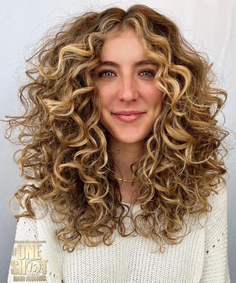 Dark Blonde Loose Curls with Framing Highlights Curly Haircuts Side Part, Curly Hair Frame Face, Golden Blonde Highlights Curly Hair, Face Framing Highlights Curly Hair, Curly Hair Colour Ideas, Face Framing Curls, Short Curly Blonde Hair, Curly Hair Color Ideas, Blonde Highlights Curly Hair