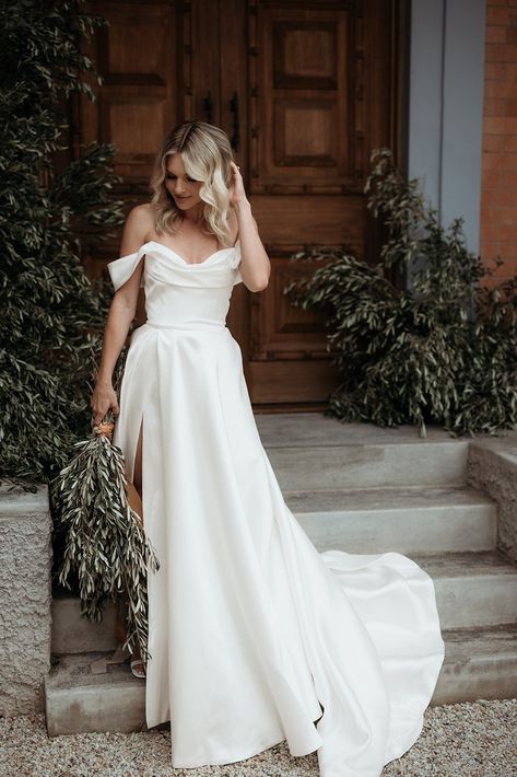 Hera Couture, Couture Wedding Dress, Off Shoulder Wedding Dress, Classy Wedding Dress, Dress With Split, Aline Wedding Dress, Minimalist Wedding Dresses, Silk Wedding Dress, White Lily