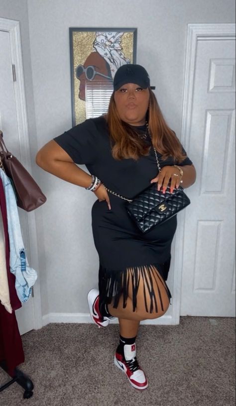 Dress With Jordan 1 Outfit, Dress With Jordans, Jordan 1 Outfit, Plus Size Outfit, Black Dresses Casual, Womens Black Dress, Outfit Idea, Jordan 1, Plus Size Dresses