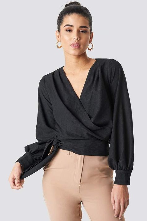 Draped Blouse Outfit, Blouse Designs Classy, Wrap Blouse Outfit, Wrap Around Shirt, Wrap Around Blouse, Black Blouse Designs, Section A, Shirt Sewing, Chiffon Tops Blouses