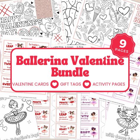 Ballerina Valentine Bundle, Ballerina Valentine Cards, Gift Tags, Valentine Coloring Activity Placemat, Printable Valentine's, BALVAL by DancinDarling on Etsy Ballerina Valentine Cards, Purple Ballerina, Red Ballerina, Dance Friends, Red Ballerinas, Activity Placemat, Pink Pages, Chocolate Card, Valentines Gift Tags