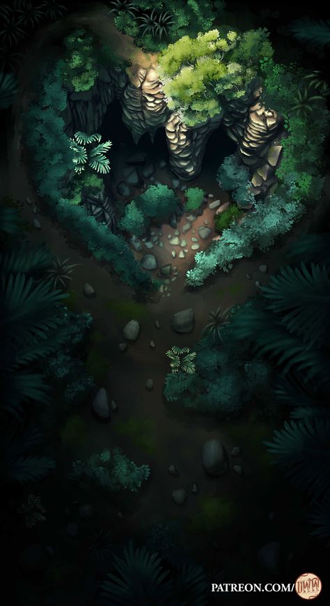 I wanted to post one of my latest map for your enjoyment! My Patrons are also getting the layered version of the map, so they could set the background and foreground layers in Foundry to have a more immersive effect for their players! If you like my work, please consider supporting me and get cool rewards! Dnd Forest, Dnd Tiles, Roll20 Maps, Sky Temple, Pathfinder 2e, Forest Map, Map Ideas, Cave Entrance, Dnd World Map