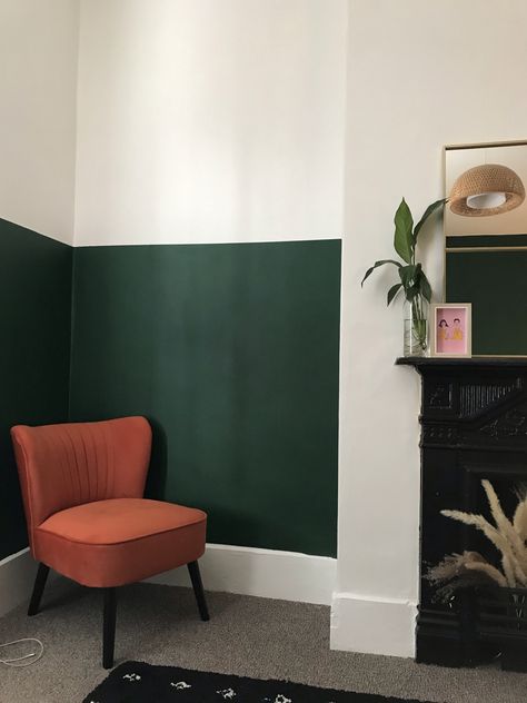 Dark Green Half Wall Living Room, Half Green Bedroom Wall, Green Orange Dining Room, Green Bottom Half Of Wall, Home Office Half Wall, Green Colour Block Wall, Green Half Wall Paint, Half Green Wall Bedroom, Half Painted Wall Green