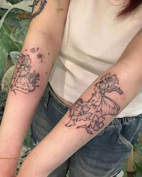 30 Best Fairy Tattoo Ideas You Should Check Fairyopolis Tattoo, Fairy Themed Tattoo Sleeve, Fairy Ring Knee Tattoo, Forearm Fairy Tattoo, Upper Arm Fairy Tattoo, Fairy Garden Tattoo Leg Sleeve, Mythical Tattoos, Fairy Tattoo Ideas, Small Fairy Tattoos