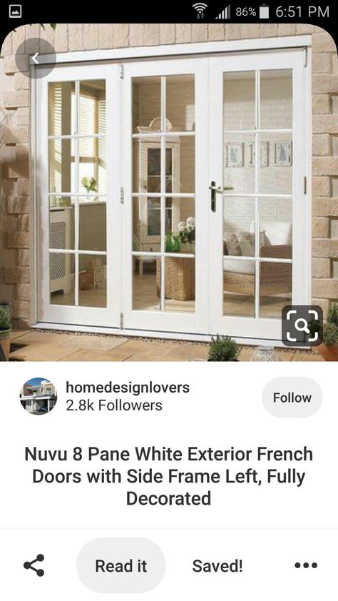 White Glass Door Exterior, French Door With Side Windows, Back Doors Exterior Kitchen, Triple French Doors, French Doors With Side Windows, French Garage, French Door Design, French Doors Living Room, Exterior French Doors