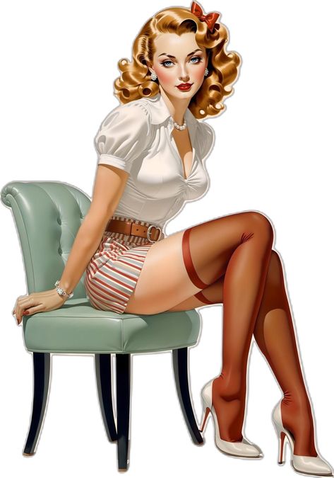 Vintage Pinup Photoshoot, Chair Poster, Pin Up Pictures, Pinup Poses, Marilyn Monroe Portrait, Pin Up Drawings, Pin Up Illustration, Girl Face Tattoo, Pop Art Fashion