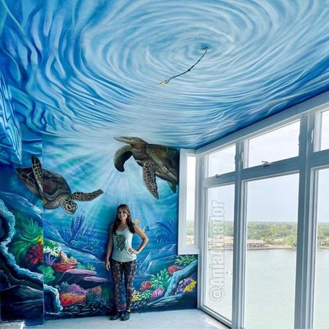 Immersive Ocean Mural Transports You Under the Sea When You Step Indoors Sea Murals, Ocean Mural, Painting Mural, Beautiful Landscape Paintings, Ceiling Murals, Ceiling Art, Murals For Kids, Impasto Painting, Sea Painting