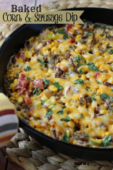 Baked Corn and Sausage Dip Corn And Sausage, Mexican Sausage, Sausage Balls Recipe, Sausage Dip, Baked Corn, Yummy Dips, Cast Iron Skillet, Iron Skillet, Sausage Breakfast