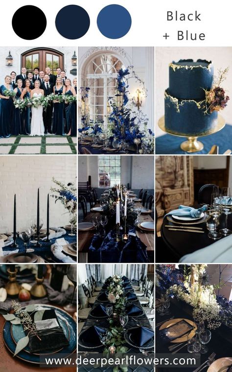 Blue And Black Wedding Theme, Dark Blue Wedding Theme, Blue And Black Wedding, Blue Color Palette Wedding, Black Wedding Theme, Top Wedding Colors, Wedding Color Schemes Blue, Popular Color Schemes, Wedding Theme Color Schemes