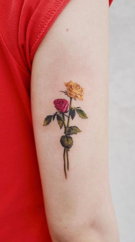 Most Beautiful Rose Tattoos Bunch Of Roses Tattoo, Colored Rose Tattoo, Two Roses Tattoo, Yellow Rose Bouquet Tattoo, Two Roses Tattoo Design, Yellow Rose Tattoo Men, Tattoo Flower Bouquet, Yellow Roses Tattoo, Orange Rose Tattoo