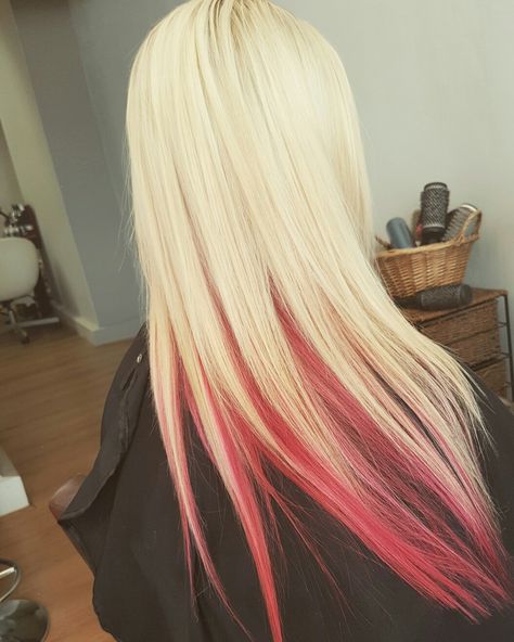 Blond highlights with pink&red underneath! Platinum Pink And Black Hair, Pink Highlights Underneath Hair, Blonde With Red Peekaboo, Blonde With Red Underneath Hair, Blonde Hair Red Underneath, Blonde Hair With Red Underneath, Blonde With Pink Underneath, Blonde Hair With Pink Underneath, Blonde Hair With Pink Tips