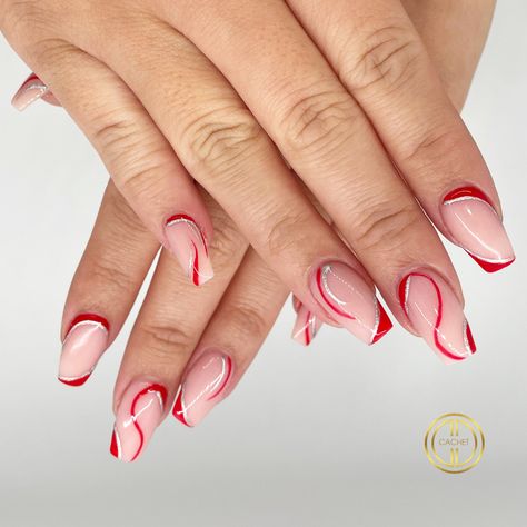 Red Swirls Acrylic Nails, Red And Silver Swirl Nails, Red And Gold Swirl Nails, Red Swirls Nails, Red Lines Nails, Red Squiggle Nails, Red Swirly Nails, Red Line Nails, Red And White Swirl Nails