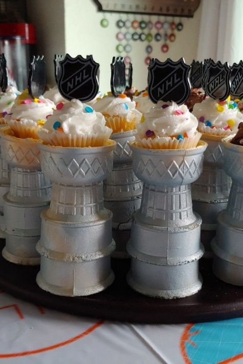 Hockey Themed 30th Birthday, Hockey Theme Desserts, Hockey Birthday Cupcakes, Hockey Appetizers, One Year Old Hockey Birthday, Nhl Birthday Party, 40th Birthday Hockey Theme, Road Hockey Birthday Party, Hockey 3rd Birthday