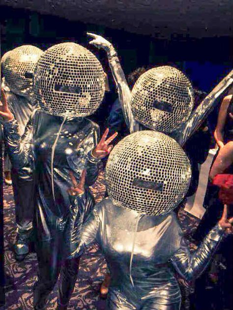 Hire / Book Disco Ball Heads - Walkabout Act | Contraband Events Disco Statue, Disco Ball Helmet, Future Disco, Giant Disco Ball, Disco Ball Head, Party Entertainment Ideas, Disco Ball Design, Space Disco, Disco Outfits