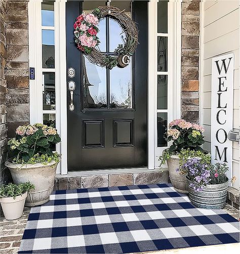 Layered Door Mats, Porch Front Door, Green Outdoor Rug, Cardboard Chandelier, Blue Outdoor Rug, Plaid Rug, Front Door Mats, Front Porch Decorating, Door Mats