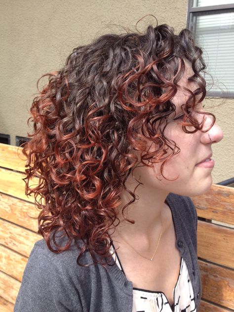 Curly red🌀 Brown Curly Hair Red Highlights, Red Highlights In Brown Hair Curly, Cute Hair Dye Ideas For Curly Hair, Dyed Curly Hair Ideas Colour, Red Hair Dark Roots, Brown Hair Fade, Spiral Perm Long Hair, Short Burgundy Hair, Red Hair Cuts