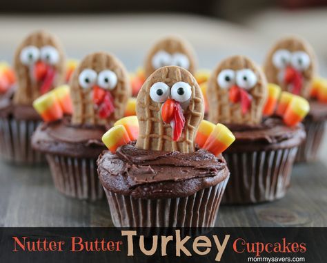 Nutter Butter Turkey Cupcakes How cute are these Nutter Butter Turkey Cupcakes?   They’re another fun way to use the Wilton Candy Eyes I love so much (who doesn’t love the silly faces t… Cute Thanksgiving Desserts, Oreo Turkey, Thanksgiving Turkey Treats, Thanksgiving Party Food, Butter Turkey, Thanksgiving Desserts Kids, Turkey Cupcakes, Thanksgiving Cupcakes, Turkey Treats