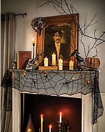 Spiders & Spider Web Décor - Spirithalloween.com Fall Place Settings, Mantel Cover, Fall Window Decorations, Gothic Noir, Pumpkin Tea Lights, Spider Web Decoration, Christmas Village Accessories, Halloween Mantle, Halloween Mantel