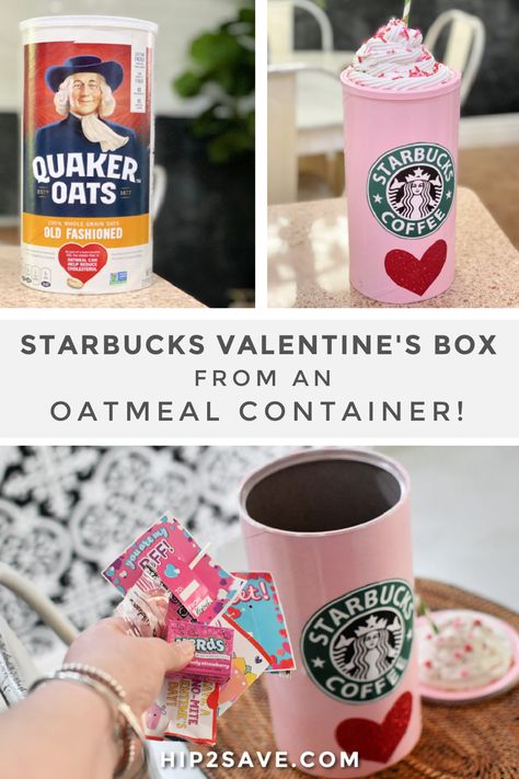 Recycle an oatmeal container into a fun Starbucks-inspired Valentine's Day box idea using spray paint and a few other household supplies! #diy #diyprojects #kidscrafts #craftprojects #valentinesday #valentinesdiy #kidsdiy #valentinescraft Slime Valentine Box Ideas, Valentines Box Stanley Cup, Classroom Valentines Box Ideas, Trash Can Valentines Boxes, Teacher Valentines Box Ideas, Teen Girl Valentine Box Ideas, Valentines Day Boxes For School For Girl Diy Easy, Beach Valentine Box Ideas, Diy Valentines Day Boxes For Kids Easy