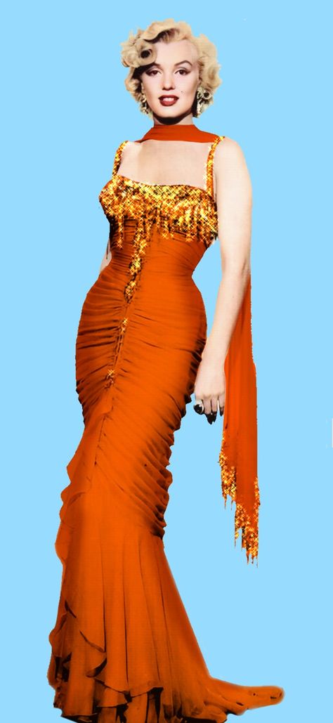 Marilyn Monroe Orange dress 1953 Marylin Monroe Red Dress, Marylin Monroe Orange Dress, Marilyn Monroe Orange Dress, Marylin Monroe Outfits, Marilyn Monroe Orange, Marilyn Monroe Pink Dress, Marilyn Monroe Outfits, Drag Inspiration, Marilyn Monroe Dress