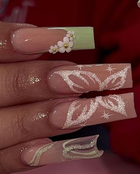 Sage Green Butterfly Nails, Elegant Nails For Graduation, Enchanted Forest Theme Nails, Fairy Theme Nails, Sage Acrylic Nails, Tiana Inspired Nails, Princess And The Frog Nails Acrylic, Fairy Wing Nails, Fairy Nails Acrylic